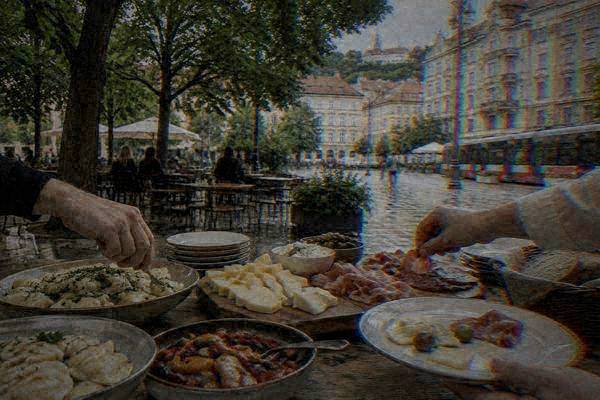 Hands reaching for small plates of dumplings, cheese and cured meats on a laden counter, only hands and plates in the frame, no faces, Šilingrovo Square