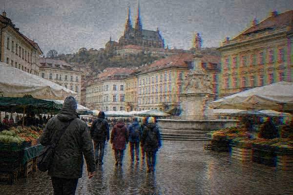 A small walking group crossing a sloping market square behind a guide, a pale Baroque fountain and stalls under plain umbrellas, Cabbage Market