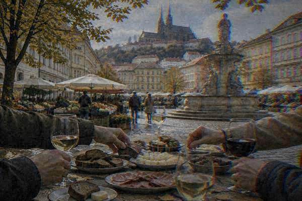 A close view of a table crowded with small plates of dark bread, cheese, cured meats and glasses of local wine, only hands reaching in, no faces, Cabbage Market