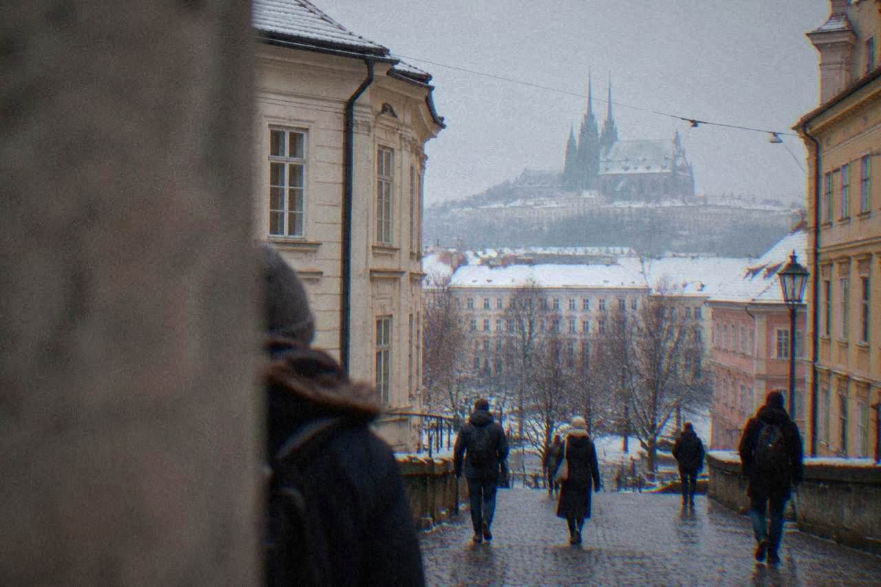 Snow-covered rooftops and a church spire in Brno under a pale winter sky