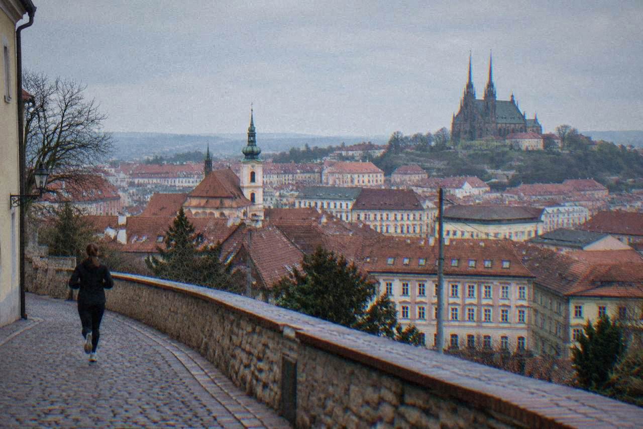View over the rooftops and church towers of Brno from a hillside terrace