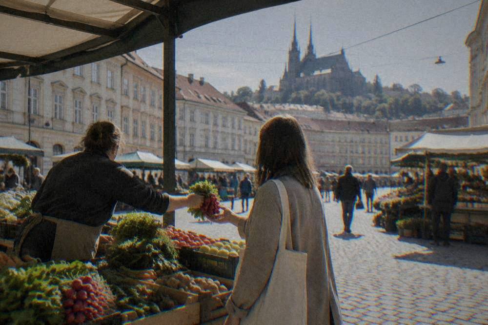A market stallholder handing produce to a customer at an outdoor market in Brno