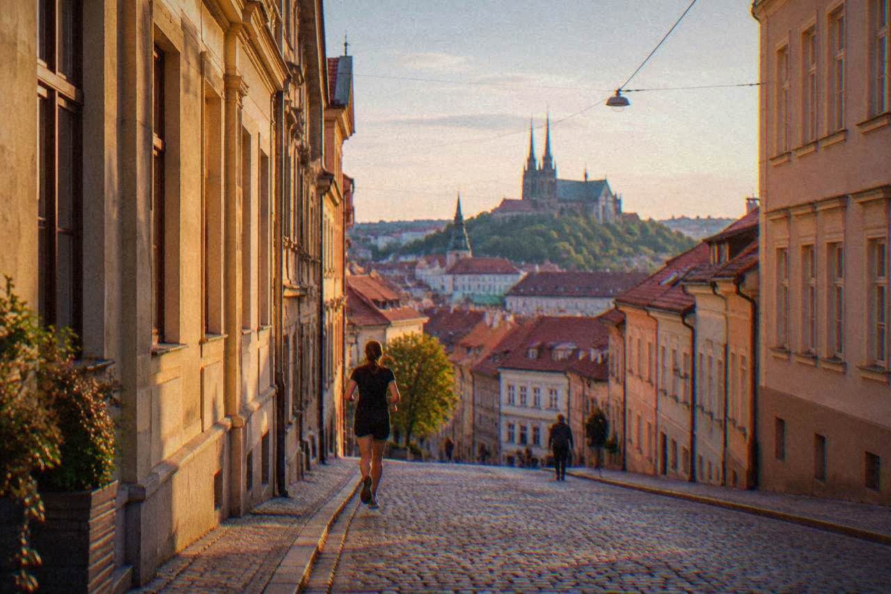 View over the red rooftops and church spires of central Brno on a bright day