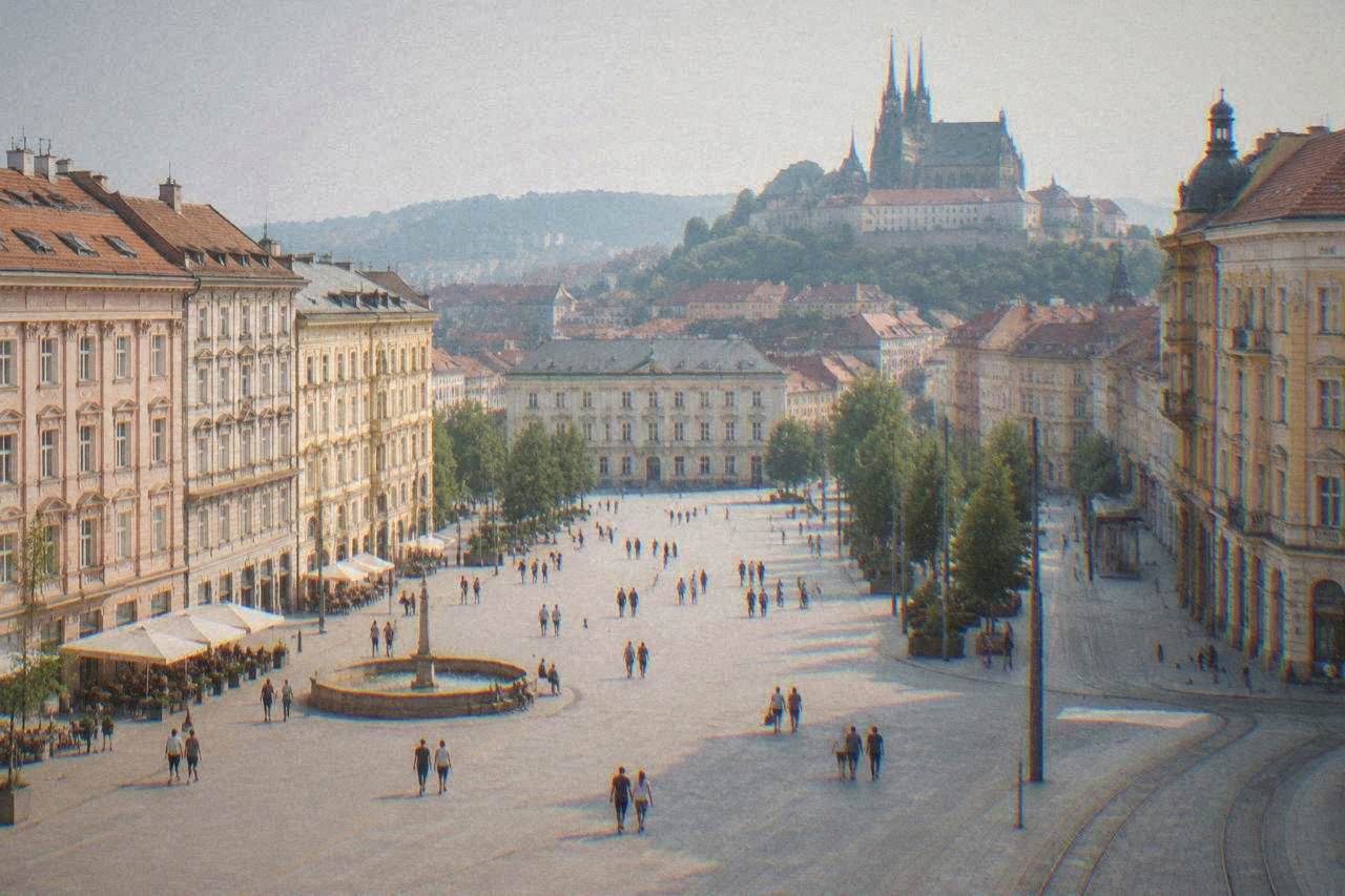 People walking across a city square with a hilltop cathedral and castle in the background
