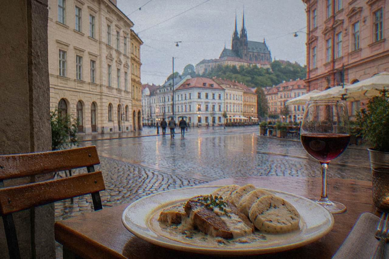 A restaurant table in Brno with a plate of roast meat in cream sauce, bread dumplings and a glass of red wine