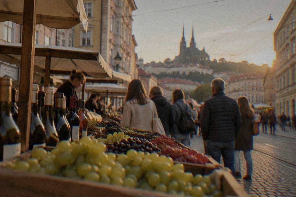 An outdoor market stall in Brno with crates of grapes, bottles of wine and a queue of shoppers under old buildings