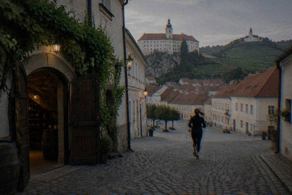 A wine cellar door open onto a village lane in South Moravia