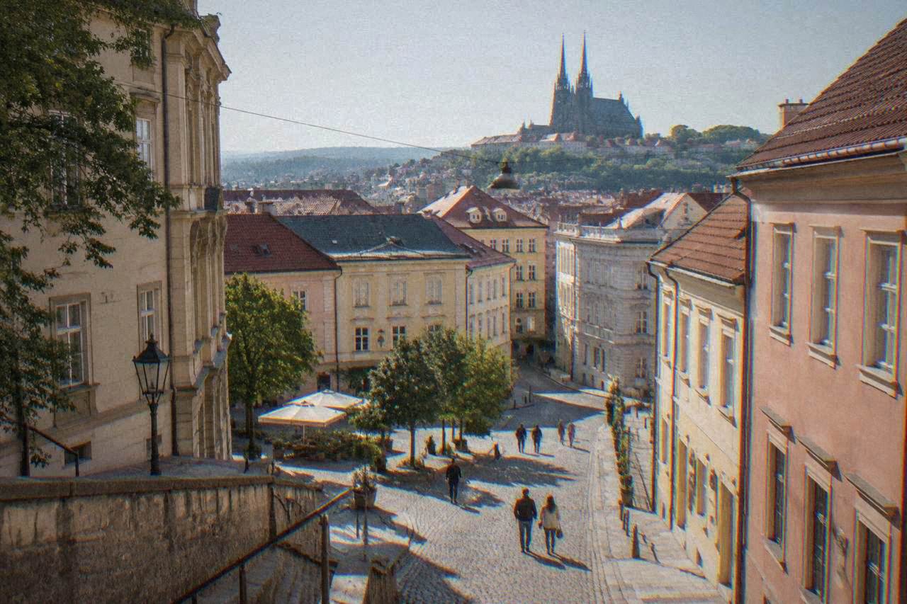 The twin spires of the Cathedral of Sts Peter and Paul on Petrov Hill above rooftops in Brno