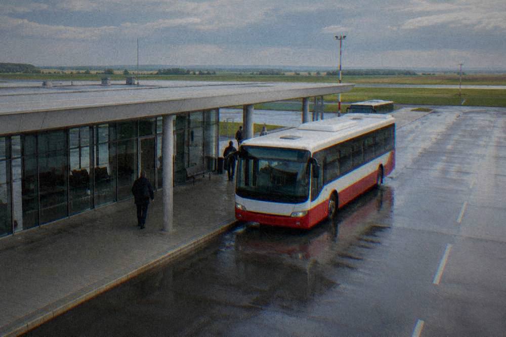 A red and white regional bus parked at an airport kerbside waiting for passengers