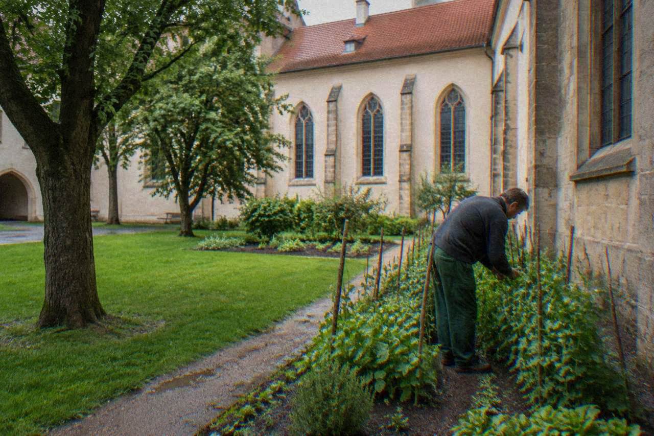 A man tending pea plants in a garden beside a historic stone building