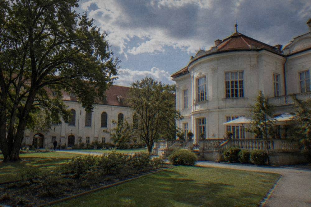 An ornate white modernist villa with a garden terrace in daylight