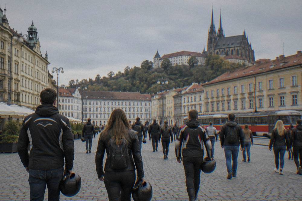Motorcycle fans walking through a historic city square with a castle hill above