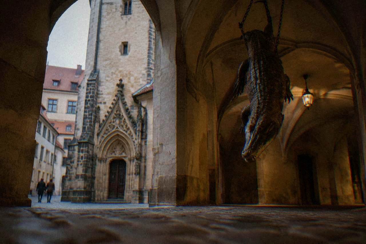 A preserved crocodile body hanging from chains in the vaulted passage of the Old Town Hall in Brno