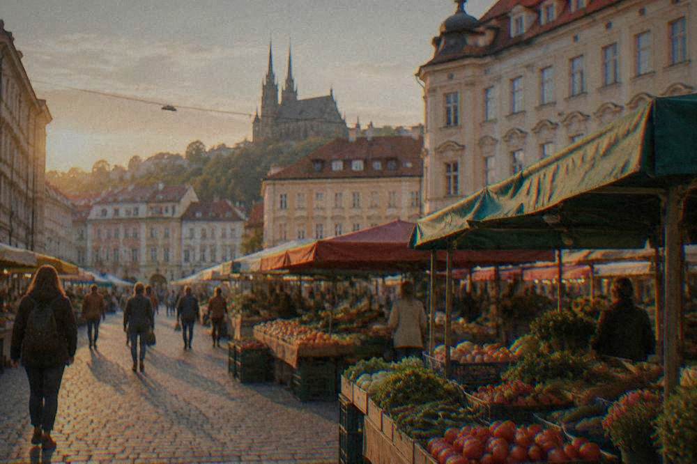 A market square in Brno with fruit and vegetable stalls under coloured awnings and baroque facades behind