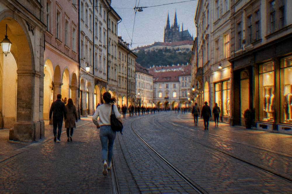 An evening street in Brno old town with lit shopfronts, tram tracks and people strolling under historic arches