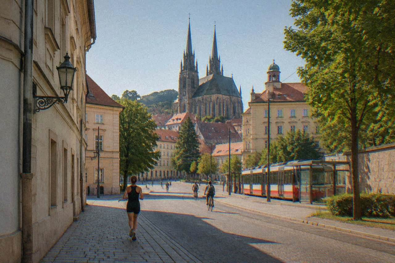 Gothic church towers and abbey buildings in Old Brno seen from a quiet street