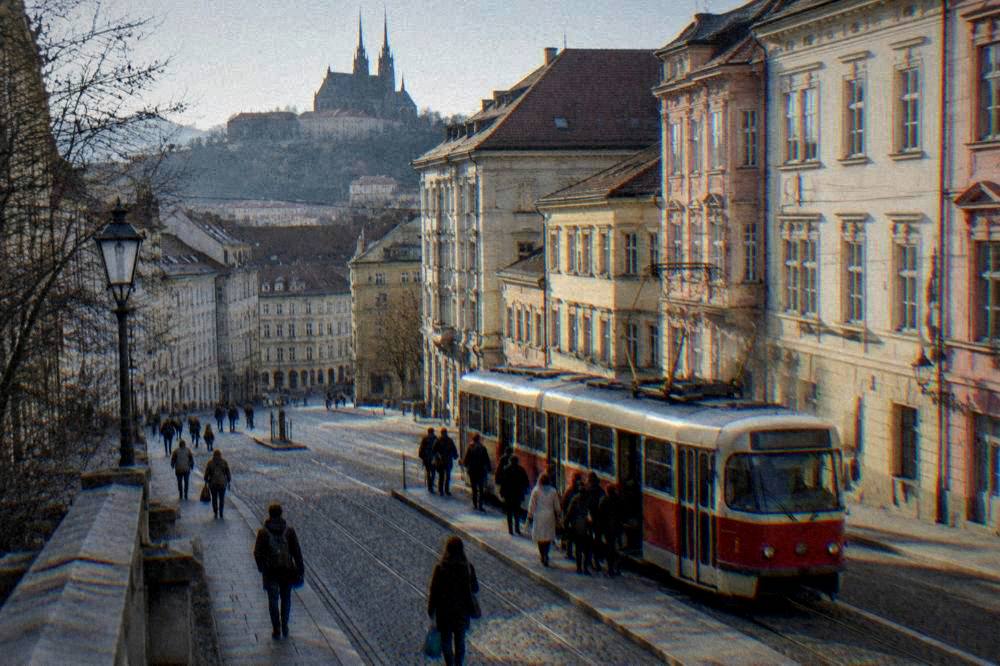 Red tram moving along a street in central Brno with passengers boarding