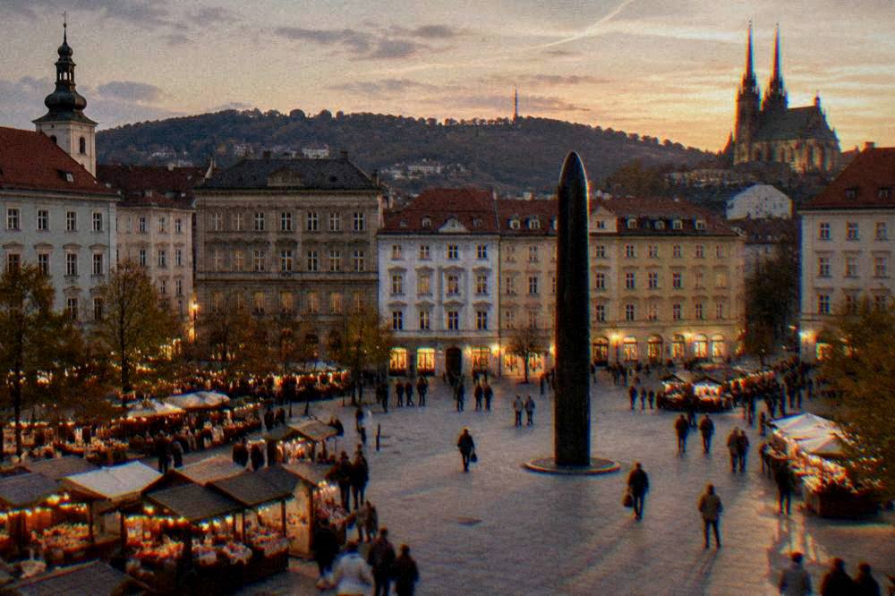 A city square at dusk with illuminated market stalls and people walking between them