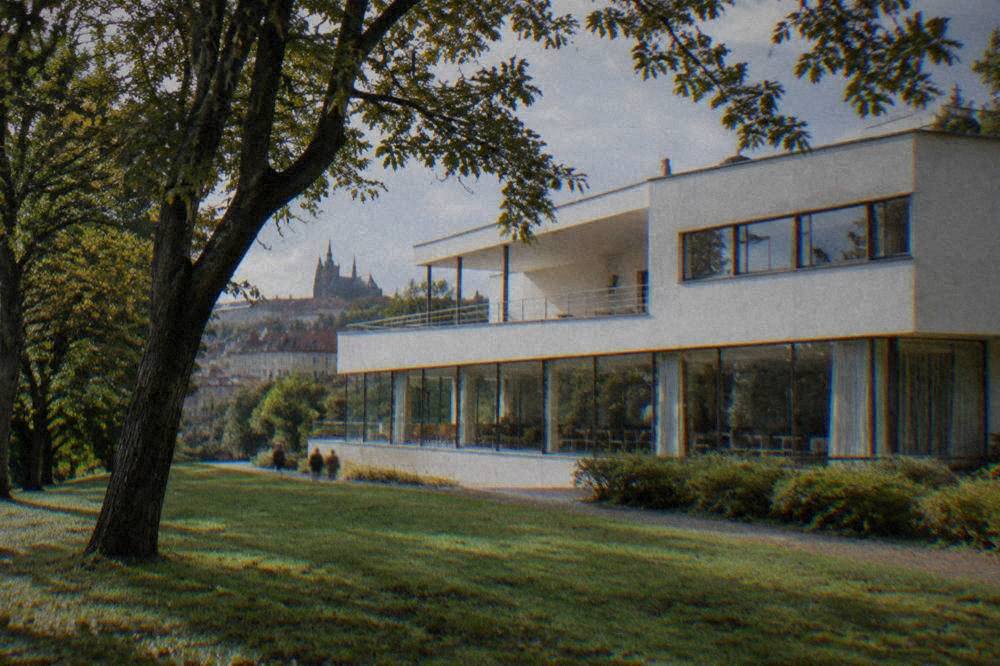 White functionalist pavilion facade with ribbon windows under trees