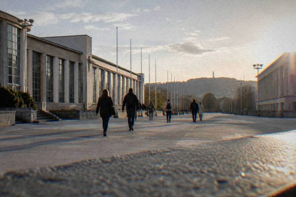Visitors walking between exhibition halls along a tree-lined path