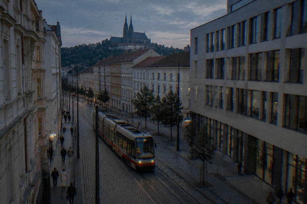Brno tram passing modernist buildings on a city street