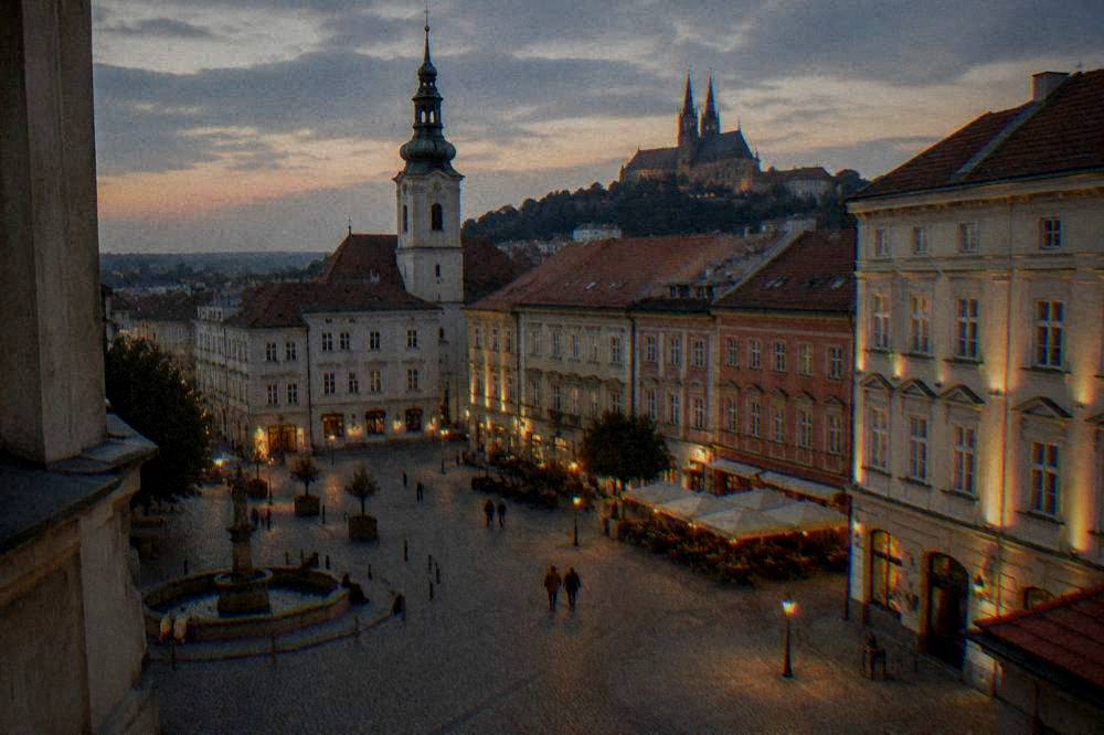 A historic square in Brno at dusk with lit facades and a church tower