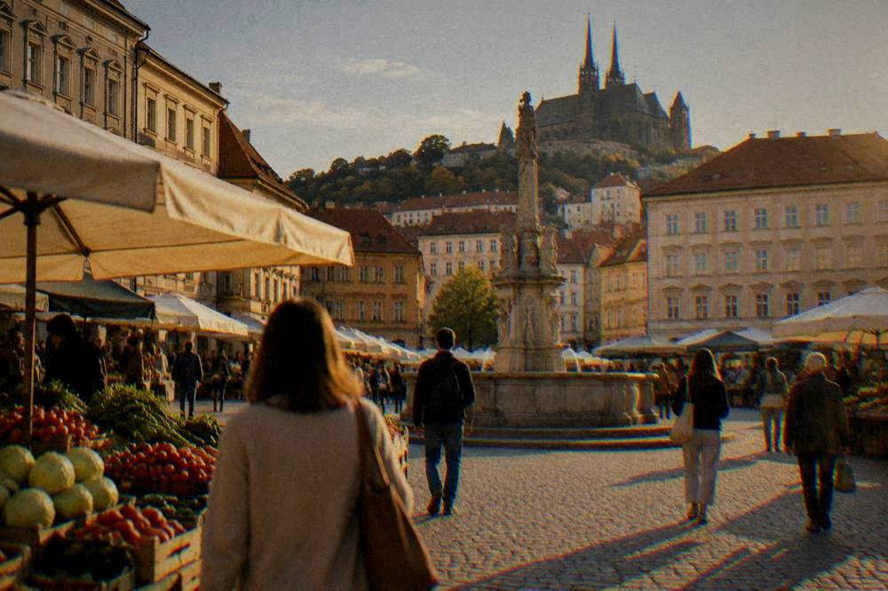 Visitors walking across a sunlit historic square with a fountain