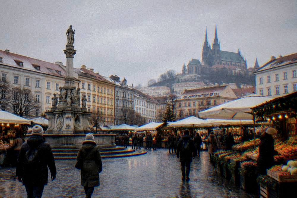 Christmas market stalls with lights in an old European square
