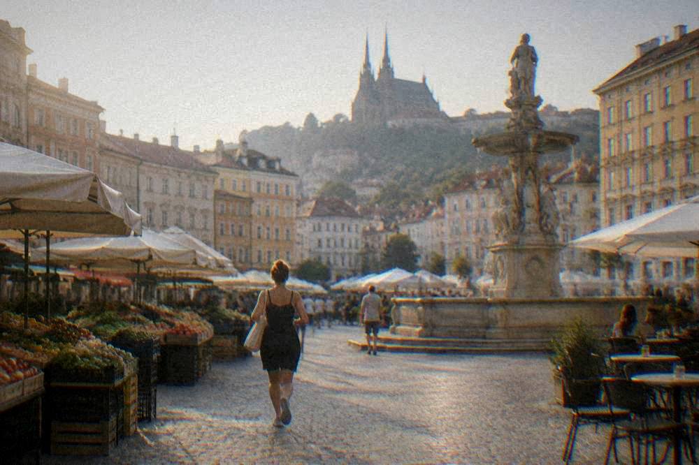 Evening light on a fountain and café tables in an old square