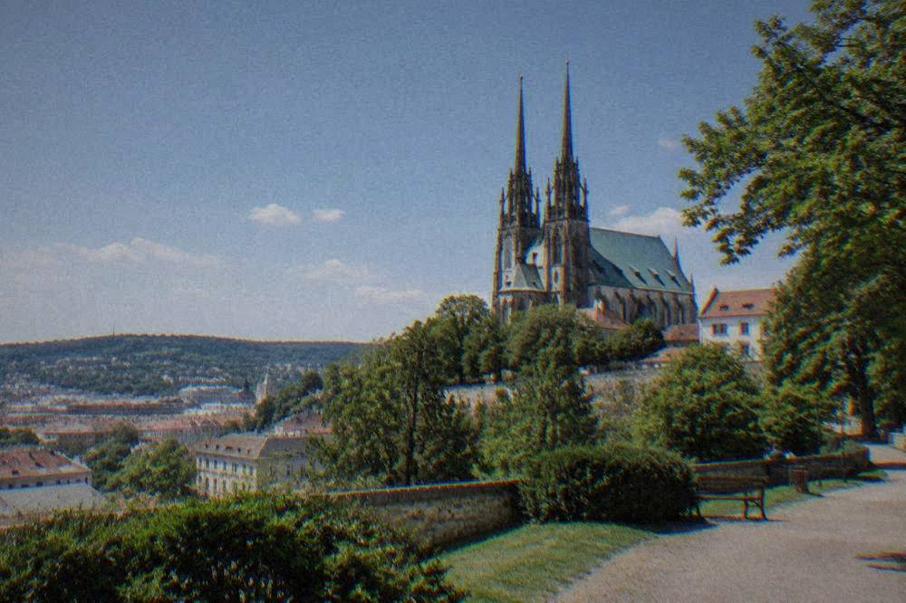 The cathedral's twin towers seen from the gardens on the Petrov hillside in Brno