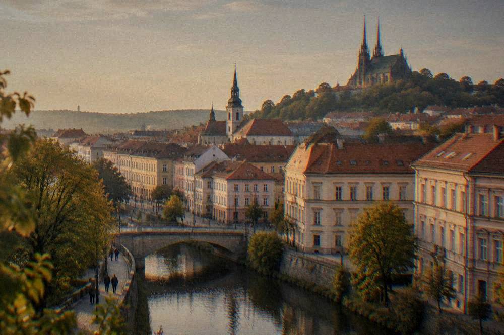 Panorama of Brno old town rooftops with church spires and a hilltop cathedral in the background