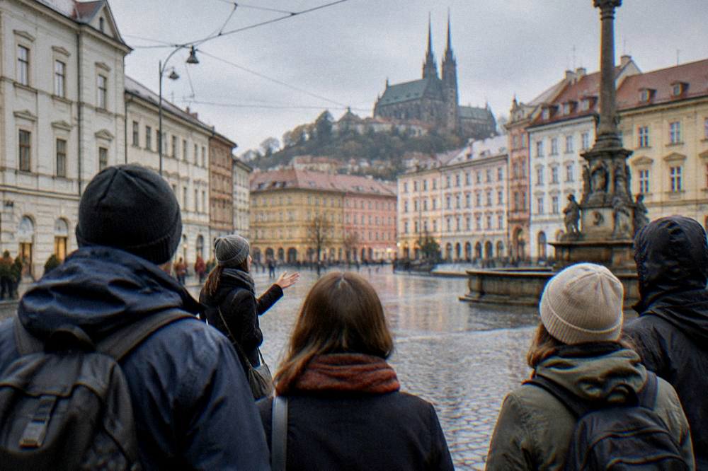 Tour guide speaking to a small group of visitors on a cobbled square in Brno