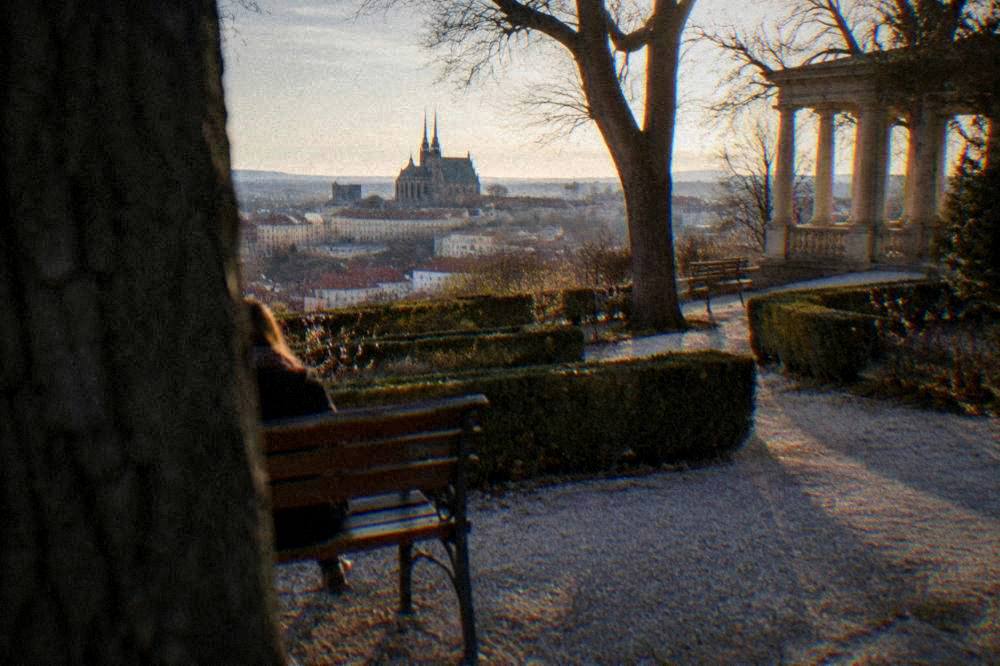 Garden terrace in warm evening light above a European city skyline