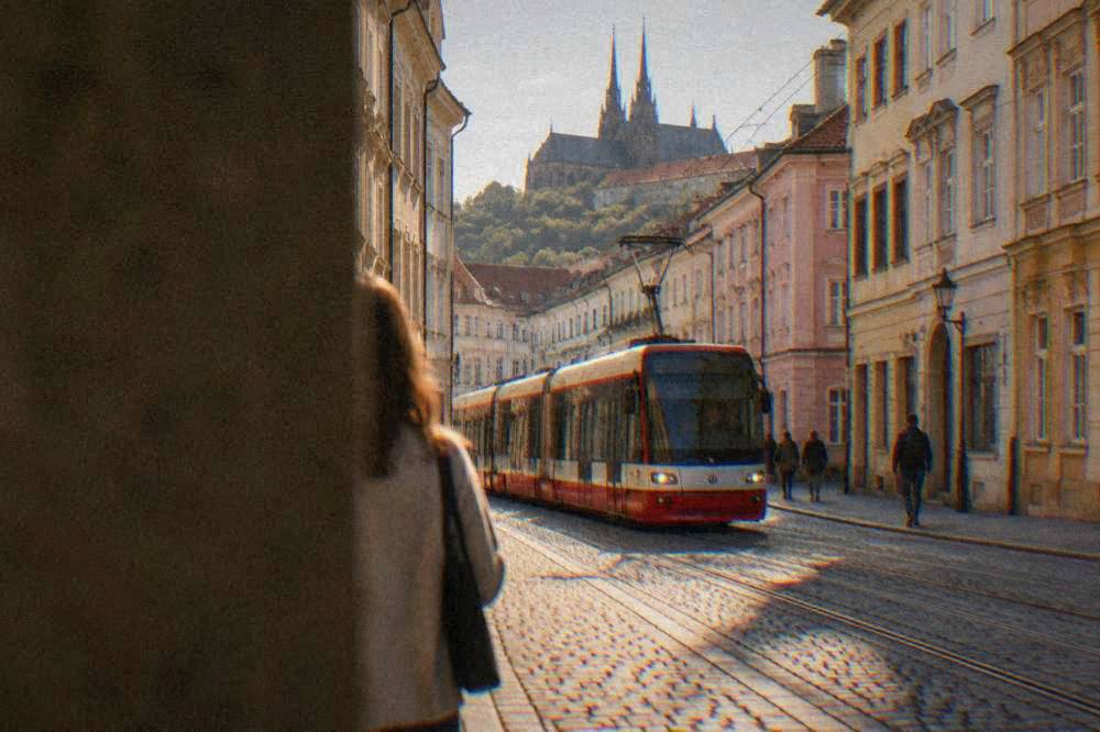 A tram moving along a street lined with pastel buildings in central Brno