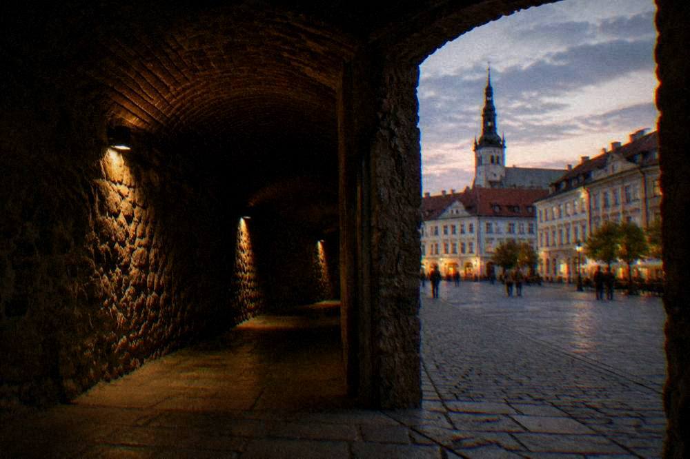 Evening square with warm window lights and a church tower against a dusk sky