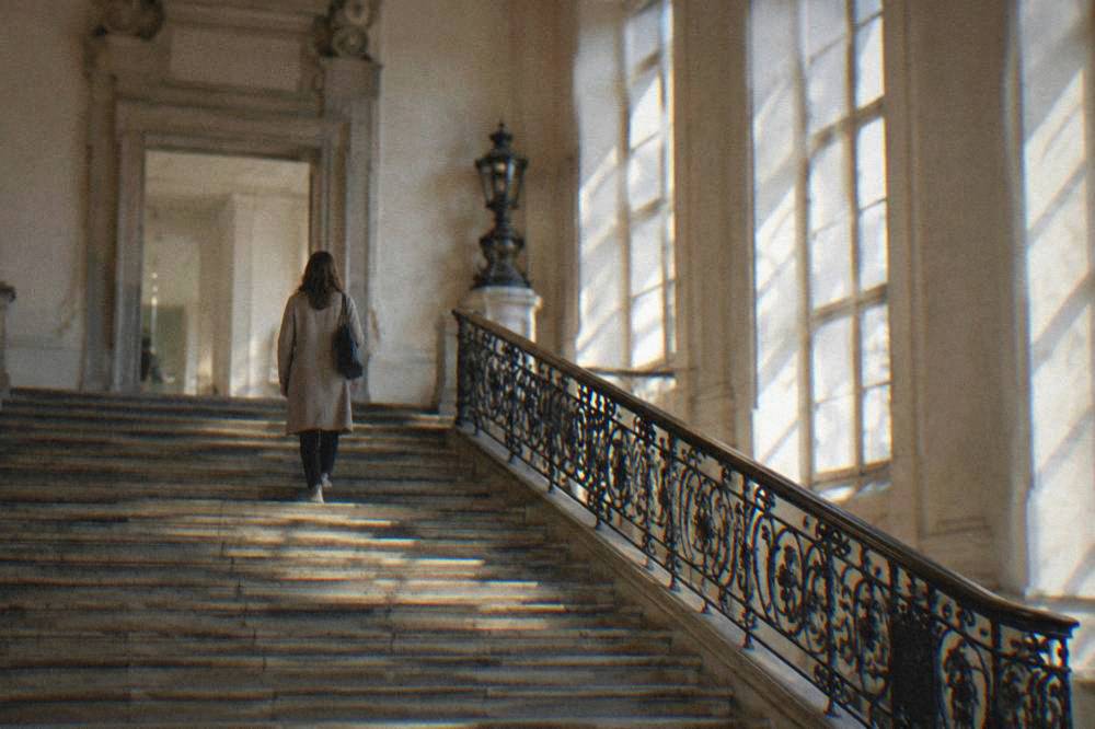 A wide stone staircase with a wrought-iron balustrade in a palace interior, a visitor seen from behind