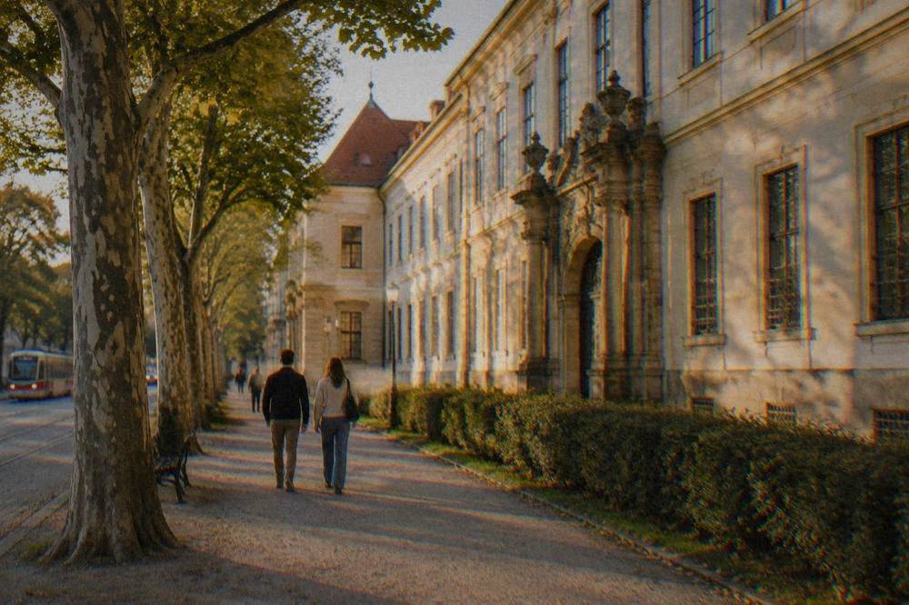 Two people walking a tree-lined path beside a historic chateau