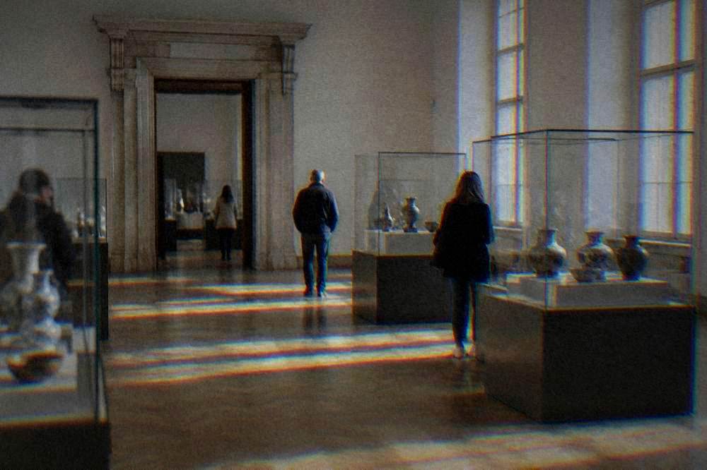 Museum hall with display cases