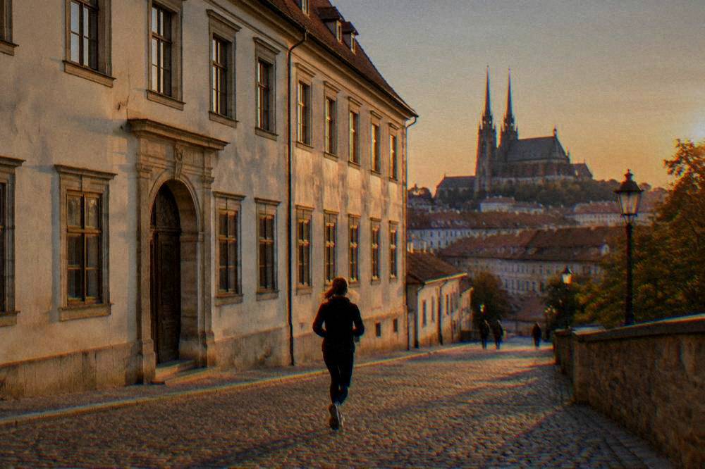 The twin spires of the Cathedral of Sts Peter and Paul seen from a Brno street