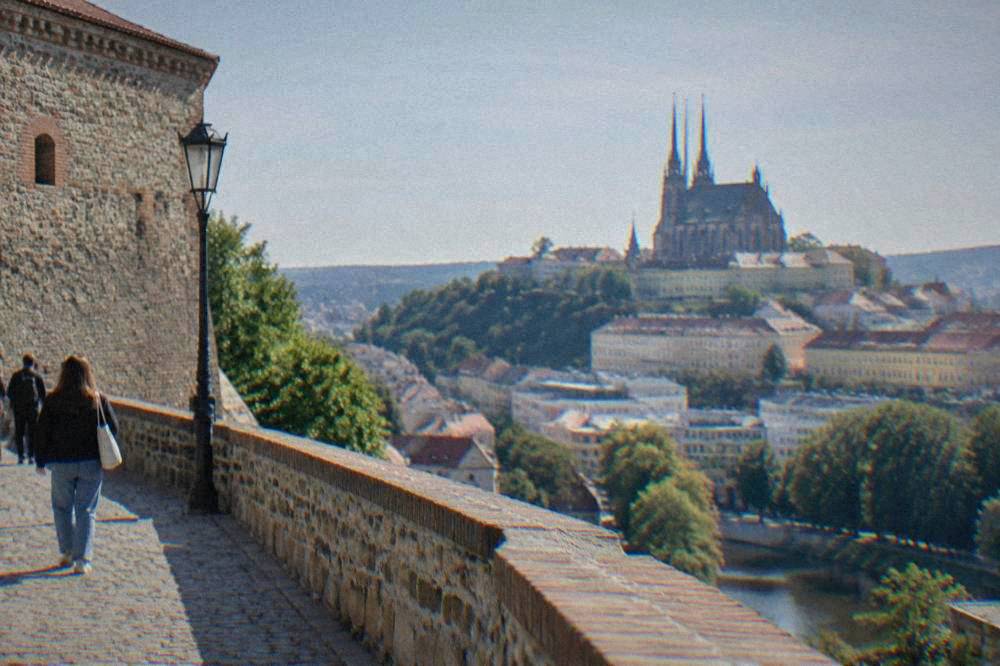 Stone fortress walls of Špilberk with views over Brno city