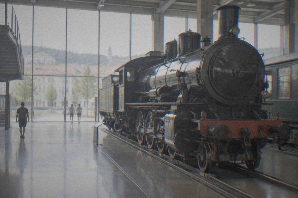 Restored steam locomotive inside a museum hall with polished rails