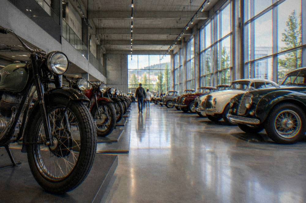 Museum hall with vintage motorcycles and cars lined up under high ceilings