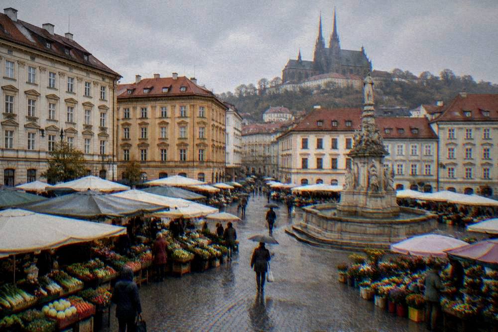 Market stalls with vegetables and flowers on the Cabbage Market square in Brno