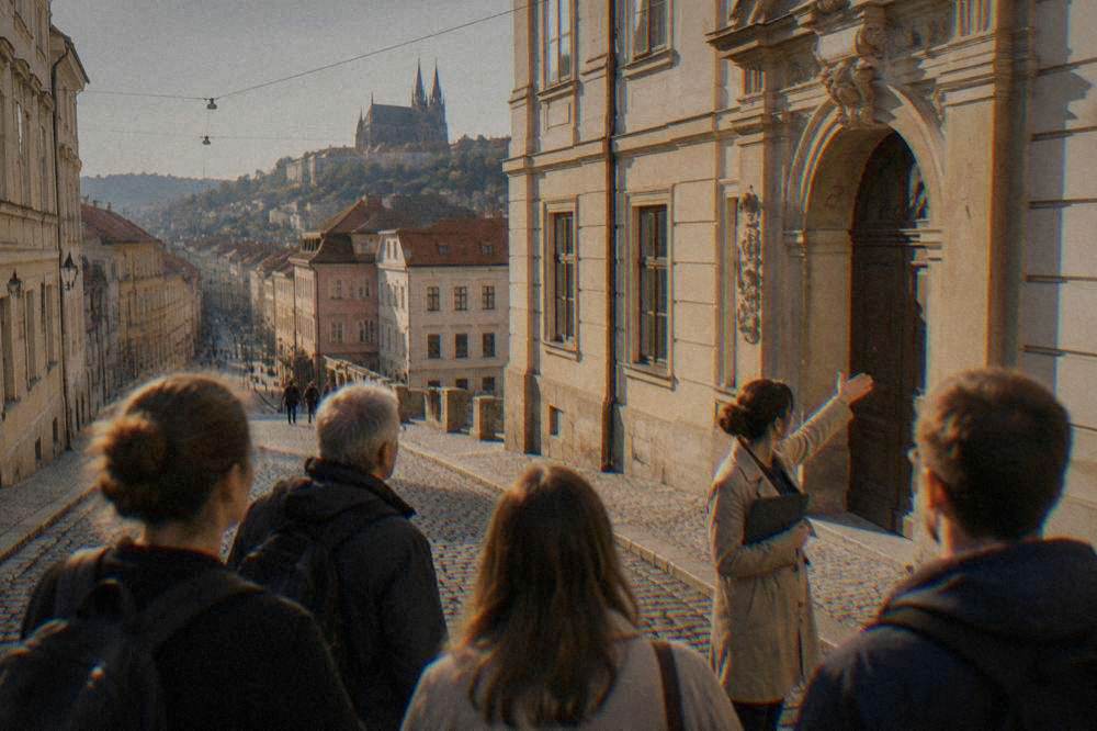 A guide showing a small group of visitors a historic building facade in Brno