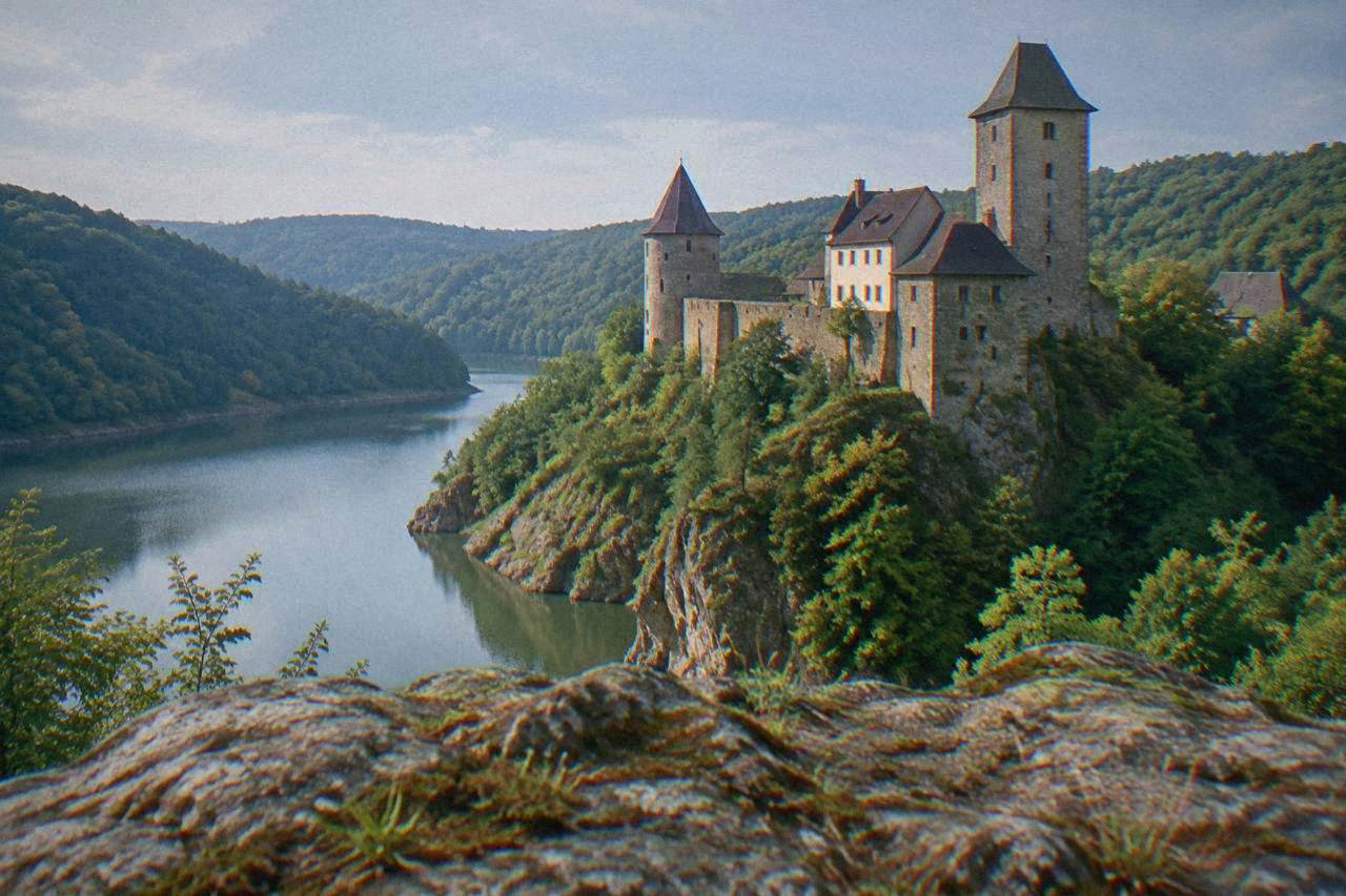 A stone castle with towers rising above a forested river valley in South Moravia