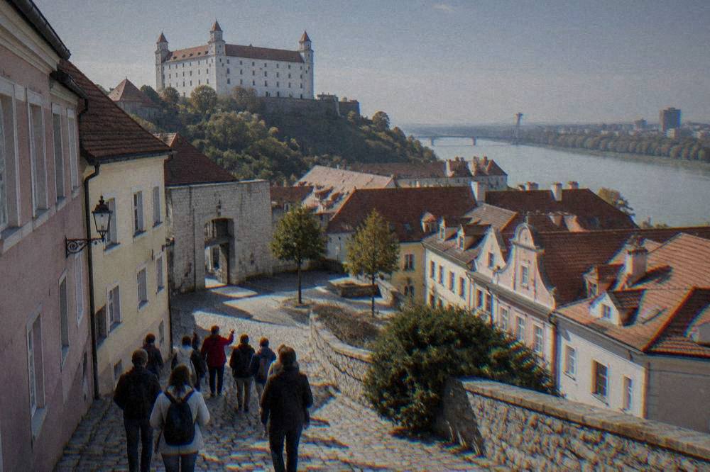 Group of visitors following a guide along a cobbled street