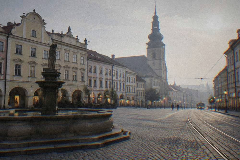 A evening view of a city square with tram tracks and lit shopfronts