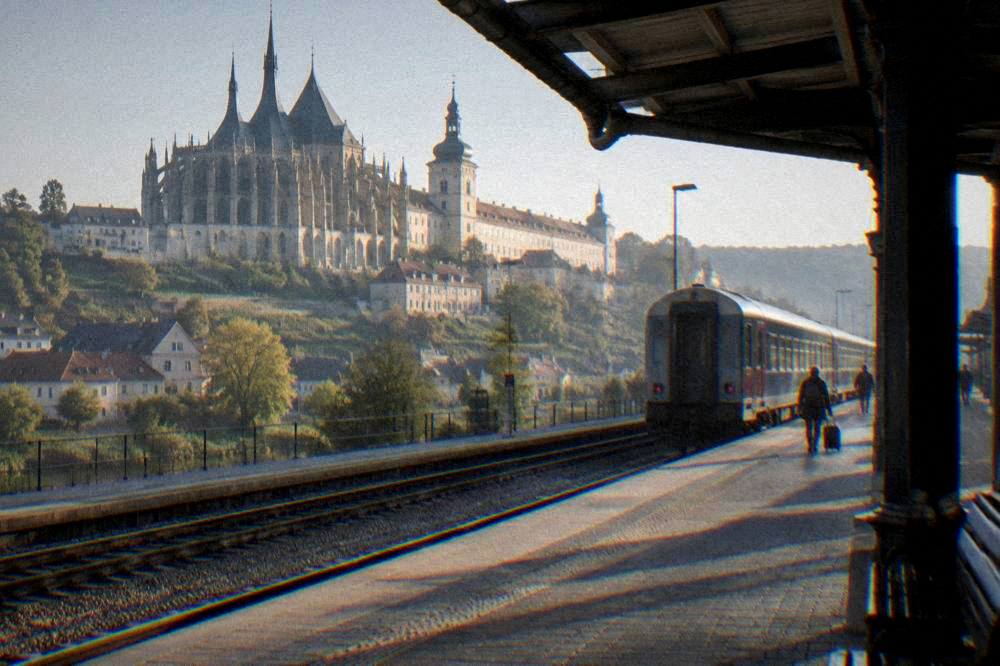 Train platform of a Czech main railway station with a long-distance train waiting