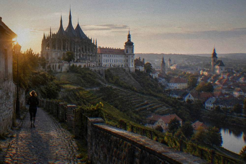 Panorama of a historic Czech town at dusk with illuminated towers and rooftops