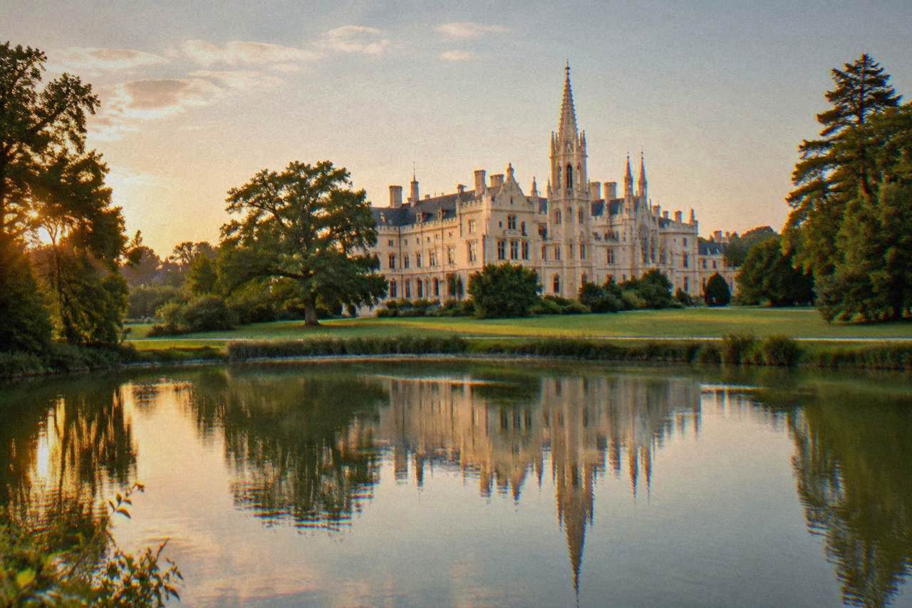 Lednice Chateau reflected in the water of its park pond at golden hour